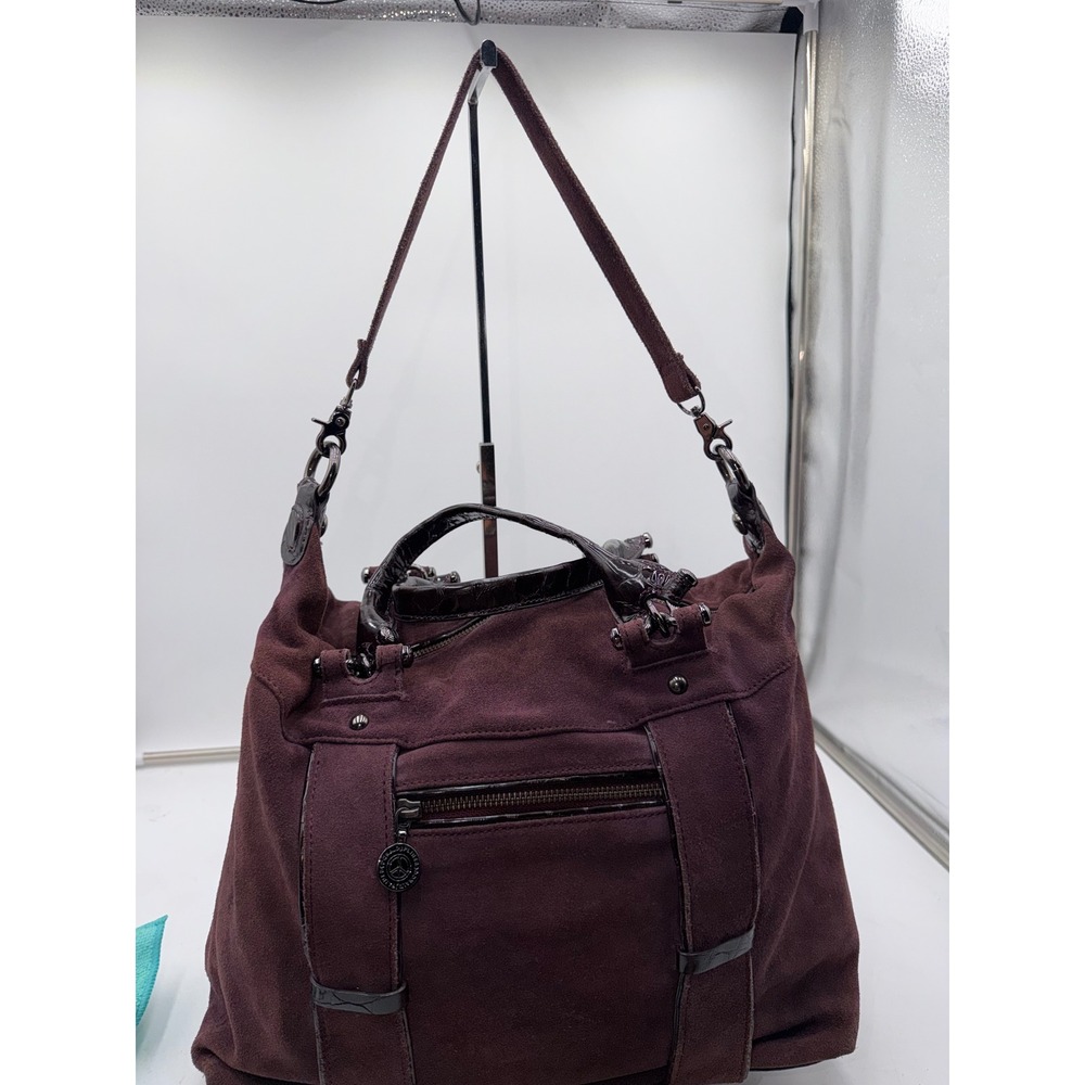Donald J Pliner Plum Purple Suede Croc Embossed Leather Satchel Shoulder Bag